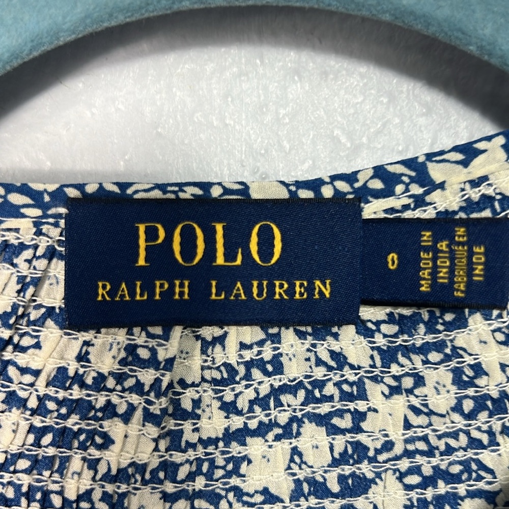 Polo Ralph Lauren Floral Print Blue White Ruched Sleeve Button Front Blouse 0 - Picture 2 of 10